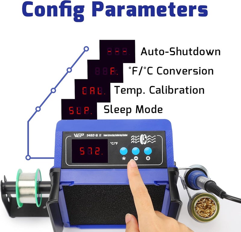 WeP 948DQ-II Double Filter Fume Extractor Soldering Iron Station 2-in-1 Solder Smoke Absorber, Soldering Fan with PID Control,℉/℃, Sleep Mode, Tip Cleaner, 3 Soldering Tips, 35g Solder - Image 4